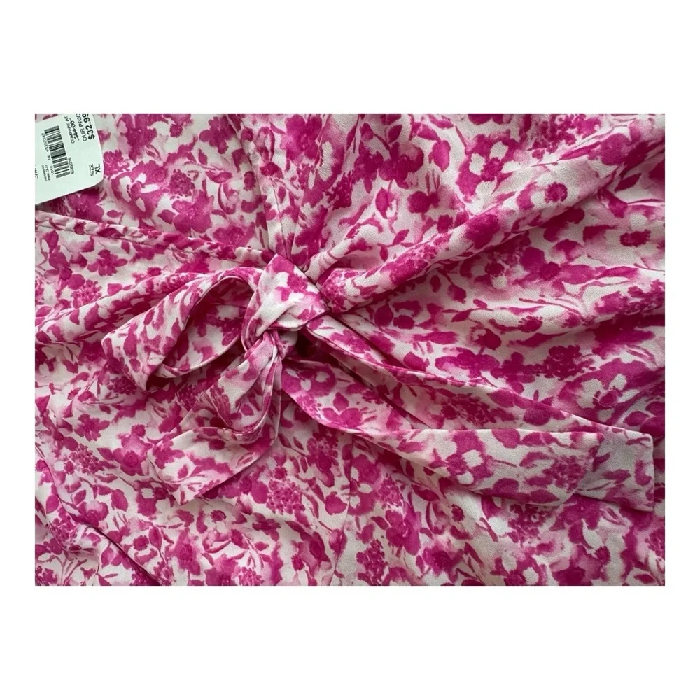 Pink Floral A-line Dress with Tie in front and flutter sleeve - Picture 3 of 4